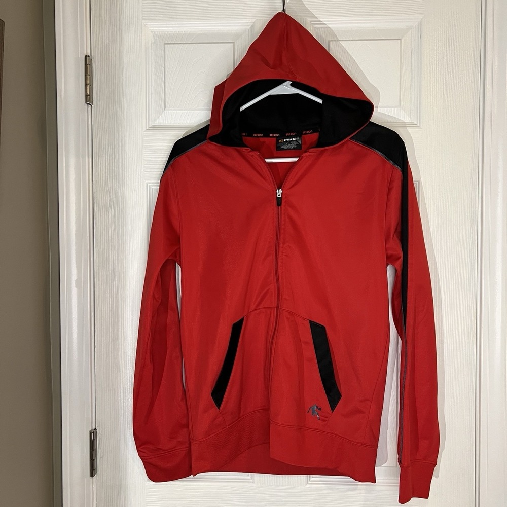 AND1 Men's Jacket XXL Red‎ Full Zip Hooded Fleece Lined Pockets Windbreaker